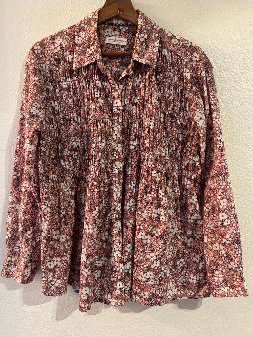 Pilcro and the Letterpress Rust Floral Pleated Button-Front Blouse